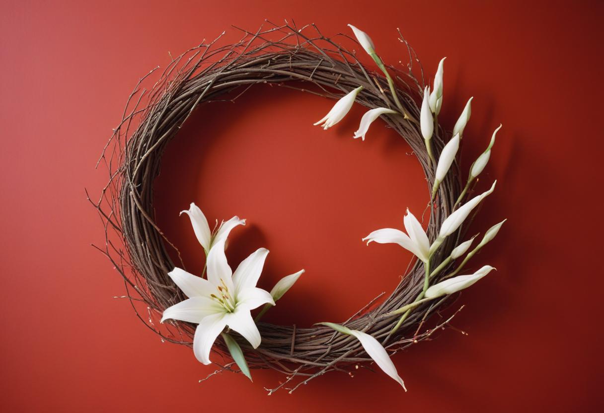 Elegant floral wreath with white lilies on red background Elegant floral wreath with white lilies on red background