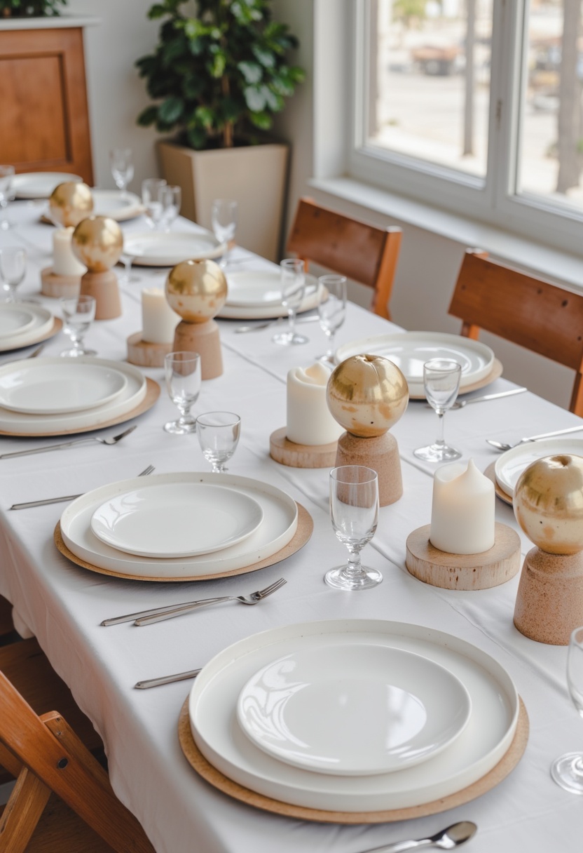 Elegant dining setup with golden accents and candles Elegant dining setup with golden accents and candles