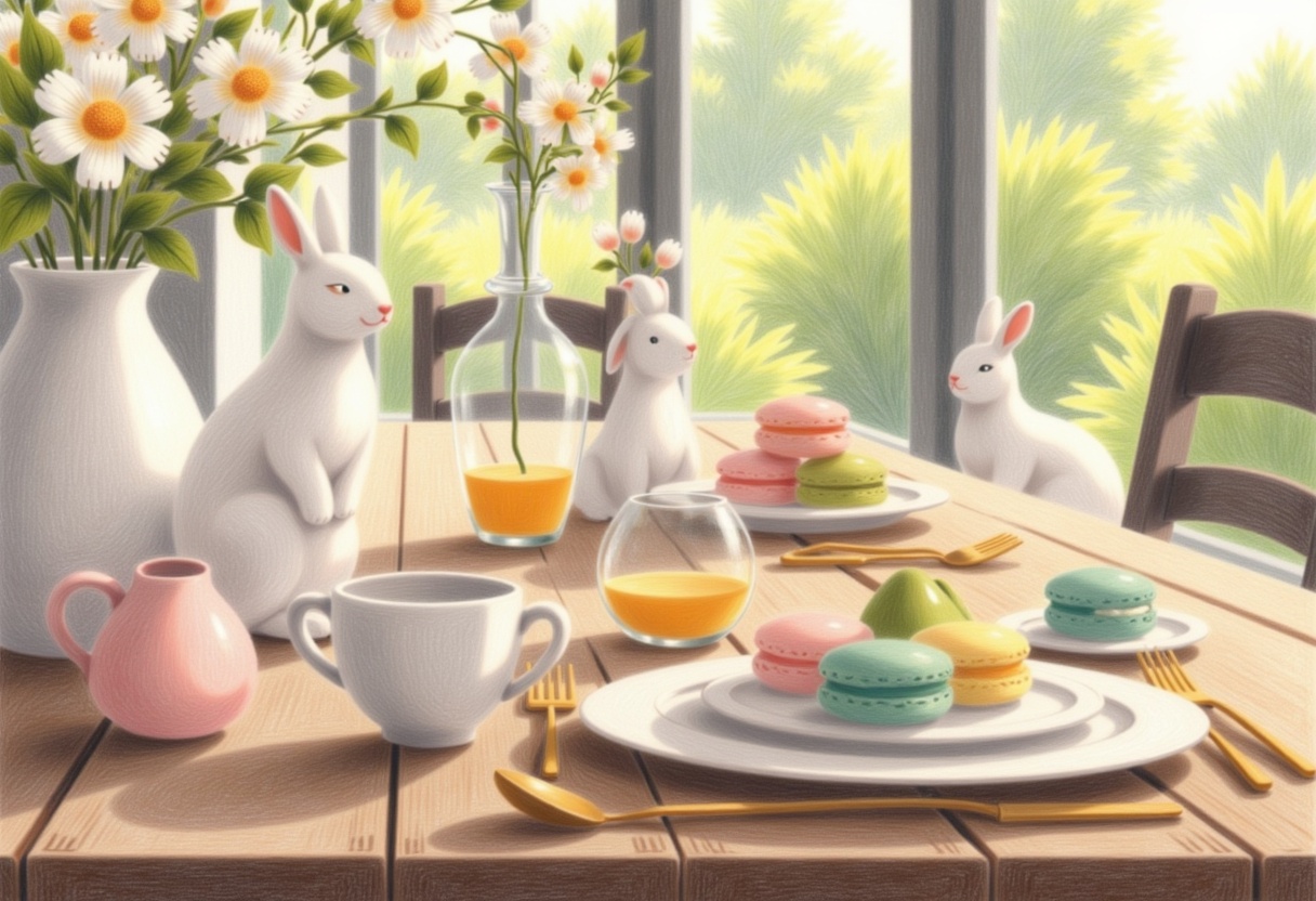Bunnies enjoying a spring breakfast with colorful pastries