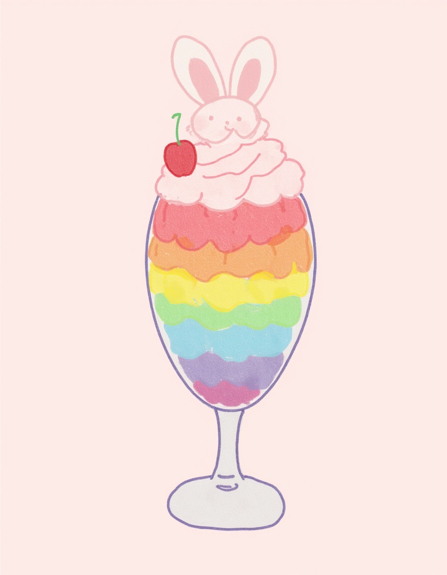 Rainbow dessert topped with a cute bunny and cherry Rainbow dessert topped with a cute bunny and cherry