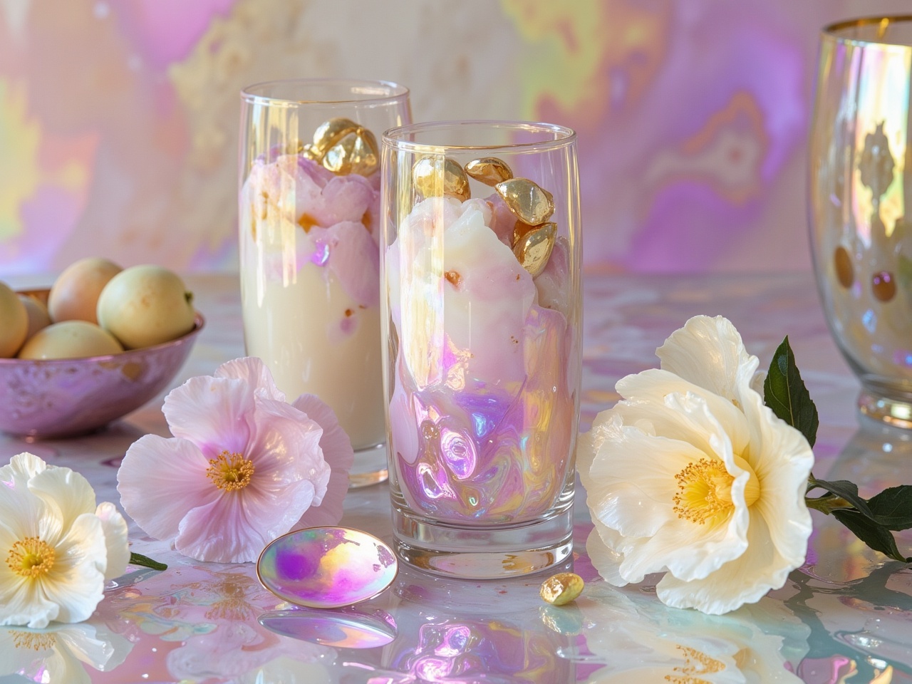 Delicate dessert display with flowers and garnishes Delicate dessert display with flowers and garnishes