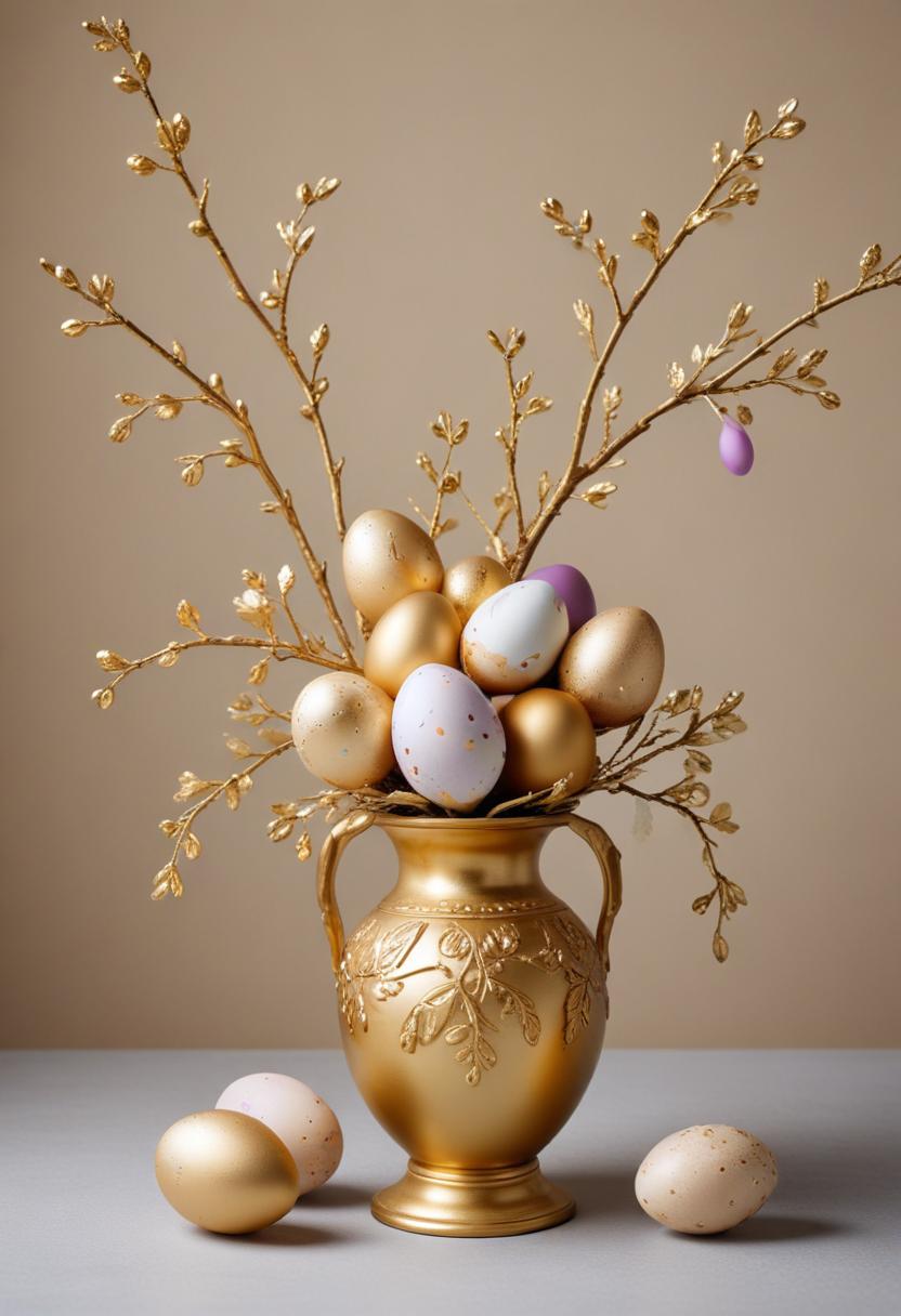 Decorative golden vase with easter eggs and branches Decorative golden vase with easter eggs and branches