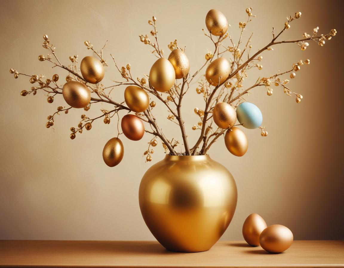 Decorative easter arrangement with golden eggs and branches Decorative easter arrangement with golden eggs and branches
