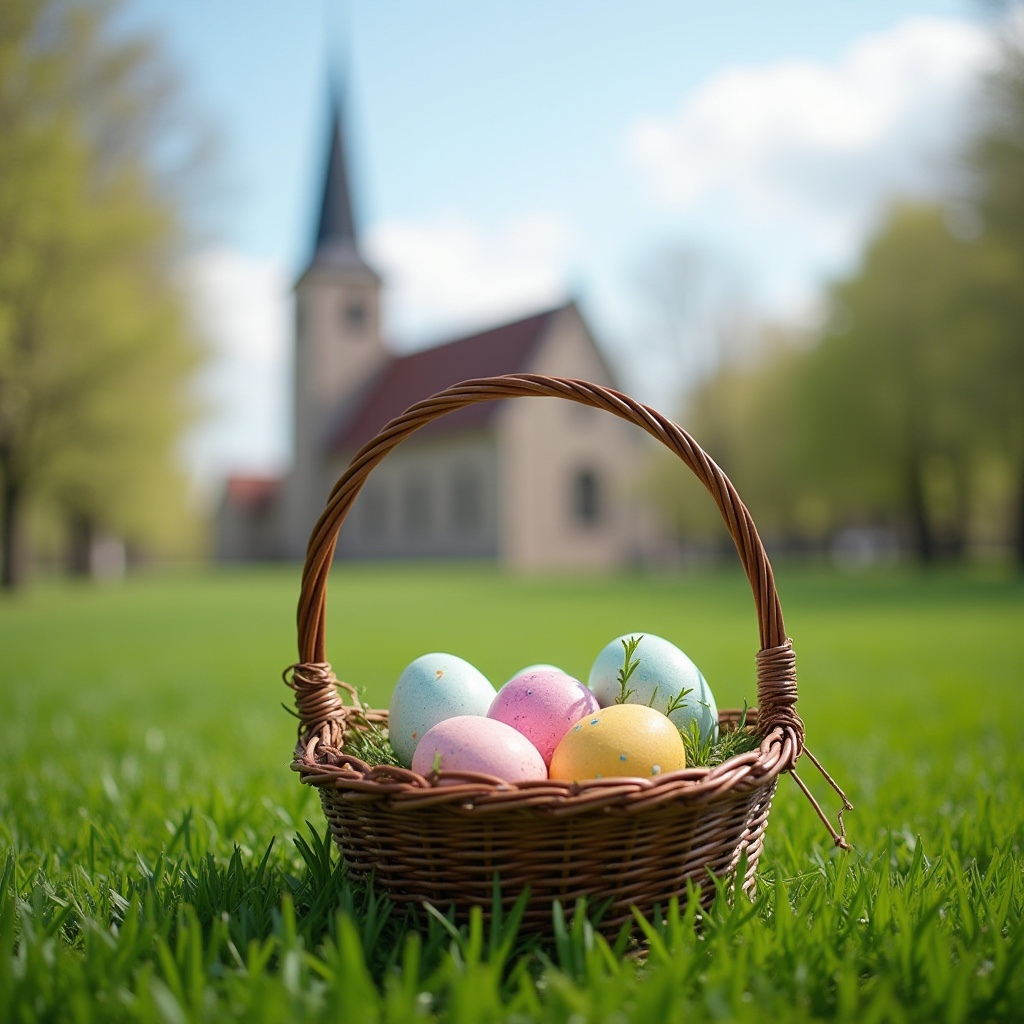 Colorful easter eggs in basket near church on sunny day