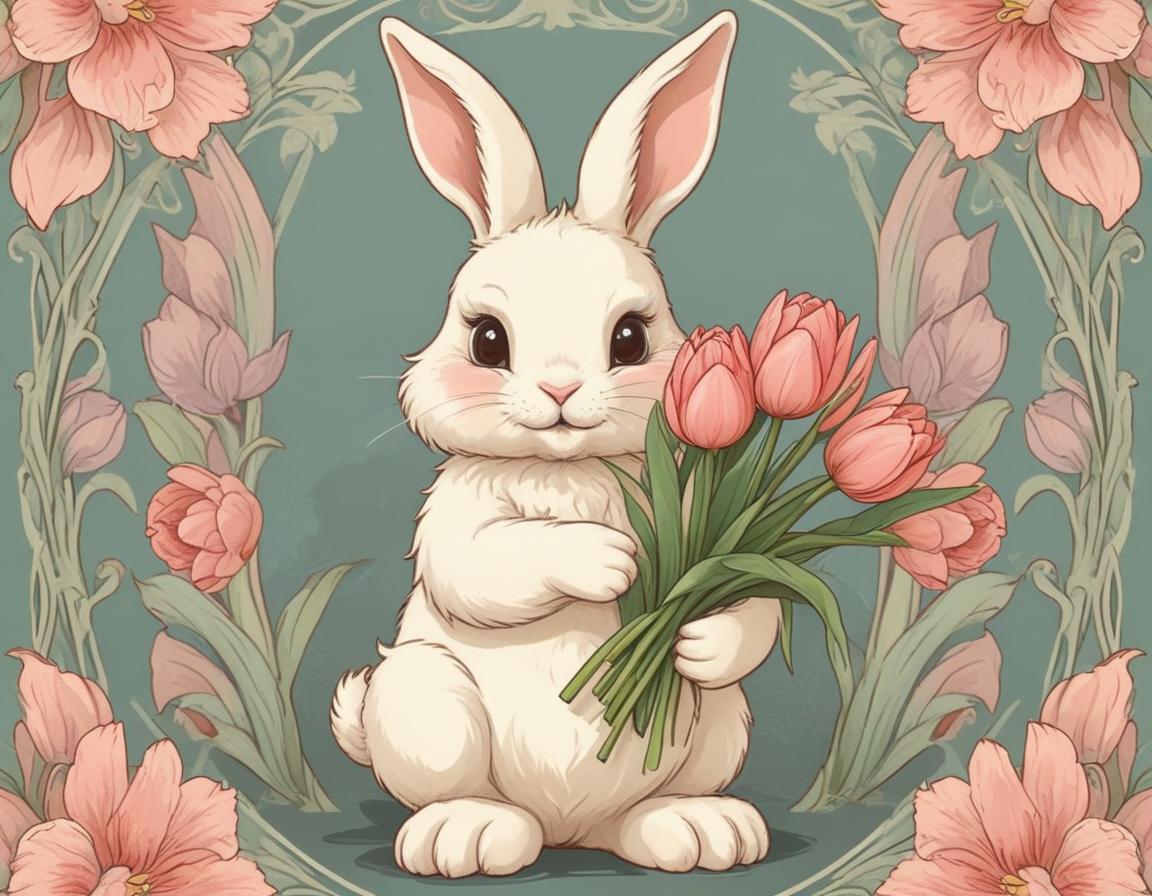 Cute rabbit holding tulips in a floral background Cute rabbit holding tulips in a floral background