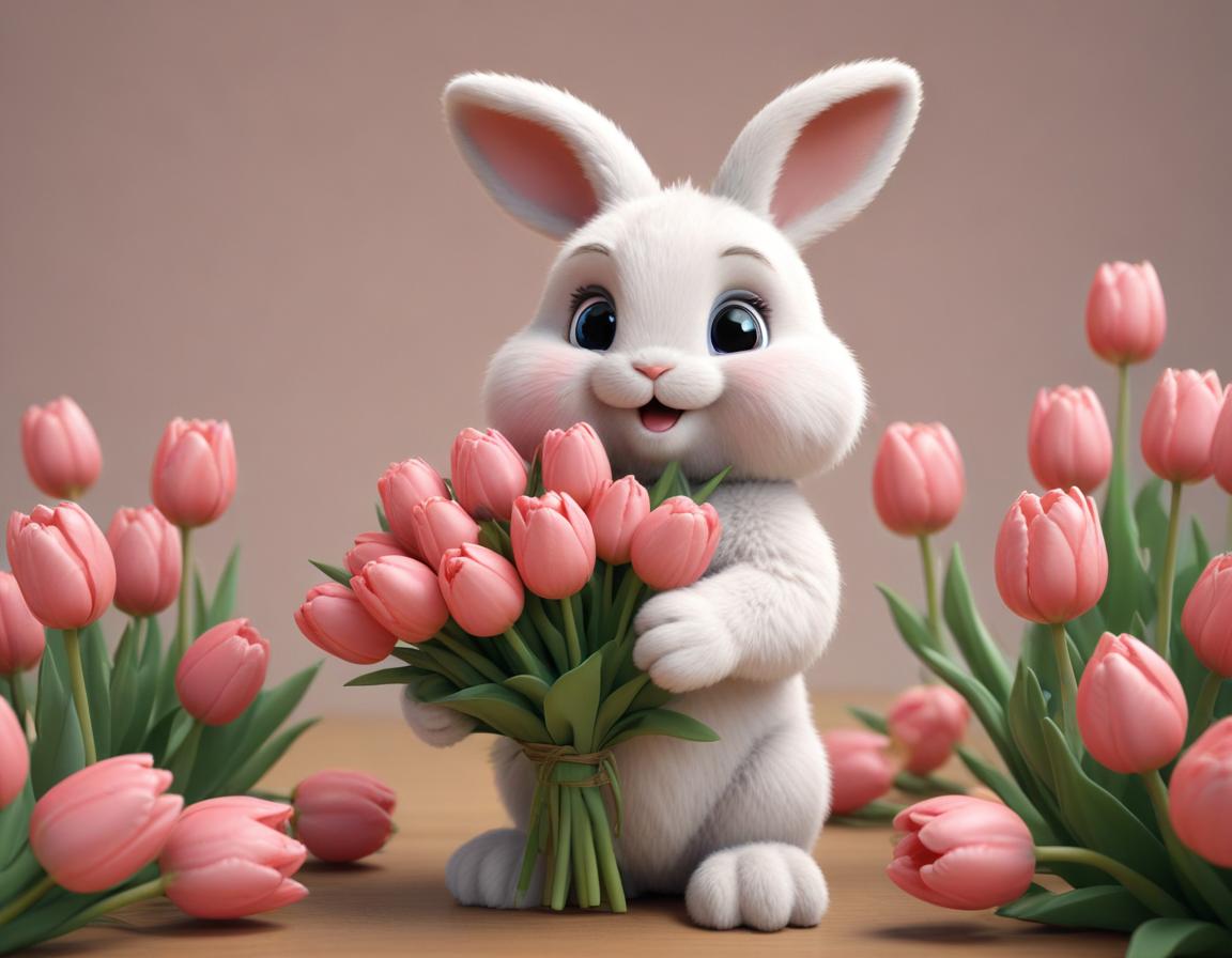 Cute rabbit holding a bouquet of pink tulips in spring Cute rabbit holding a bouquet of pink tulips in spring