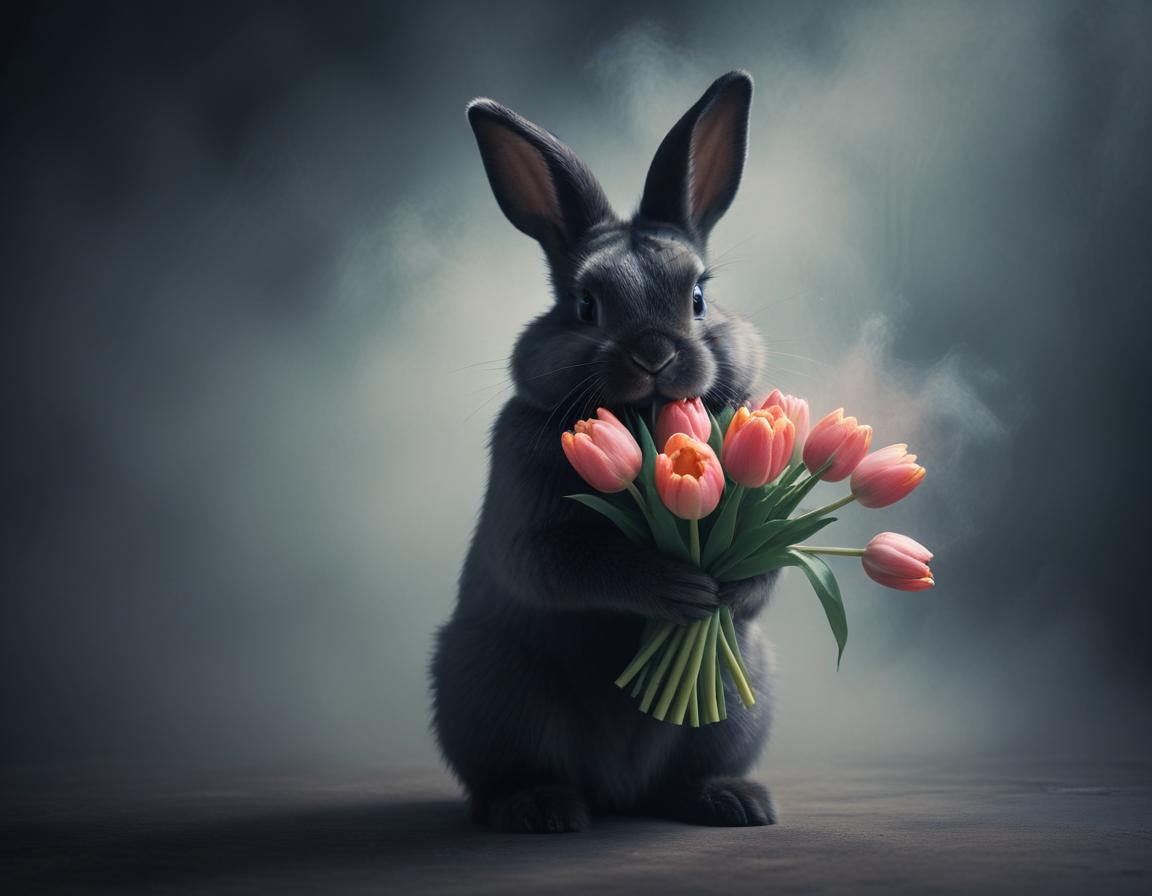 Black rabbit holding tulips in a misty setting Black rabbit holding tulips in a misty setting