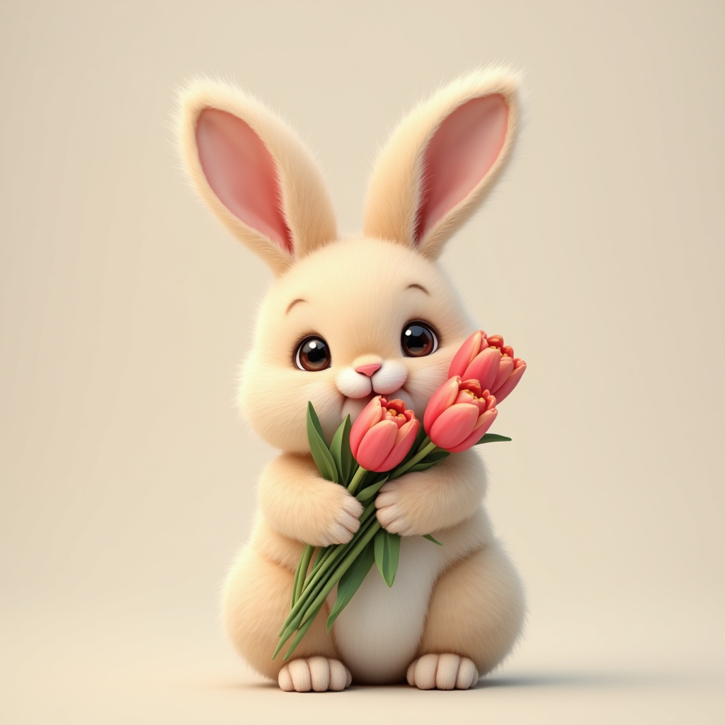 Cute bunny holding pink tulips in a cheerful pose Cute bunny holding pink tulips in a cheerful pose
