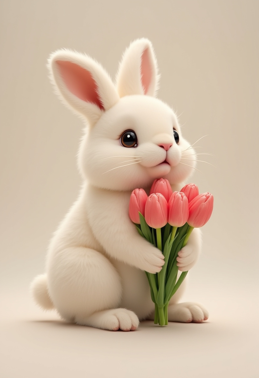 Cute white rabbit holding pink tulips in soft light Cute white rabbit holding pink tulips in soft light