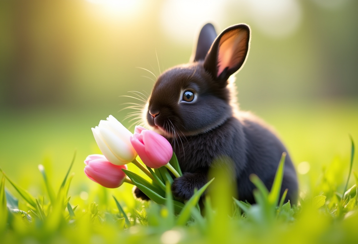 Cute black rabbit with tulips in a sunny field Cute black rabbit with tulips in a sunny field
