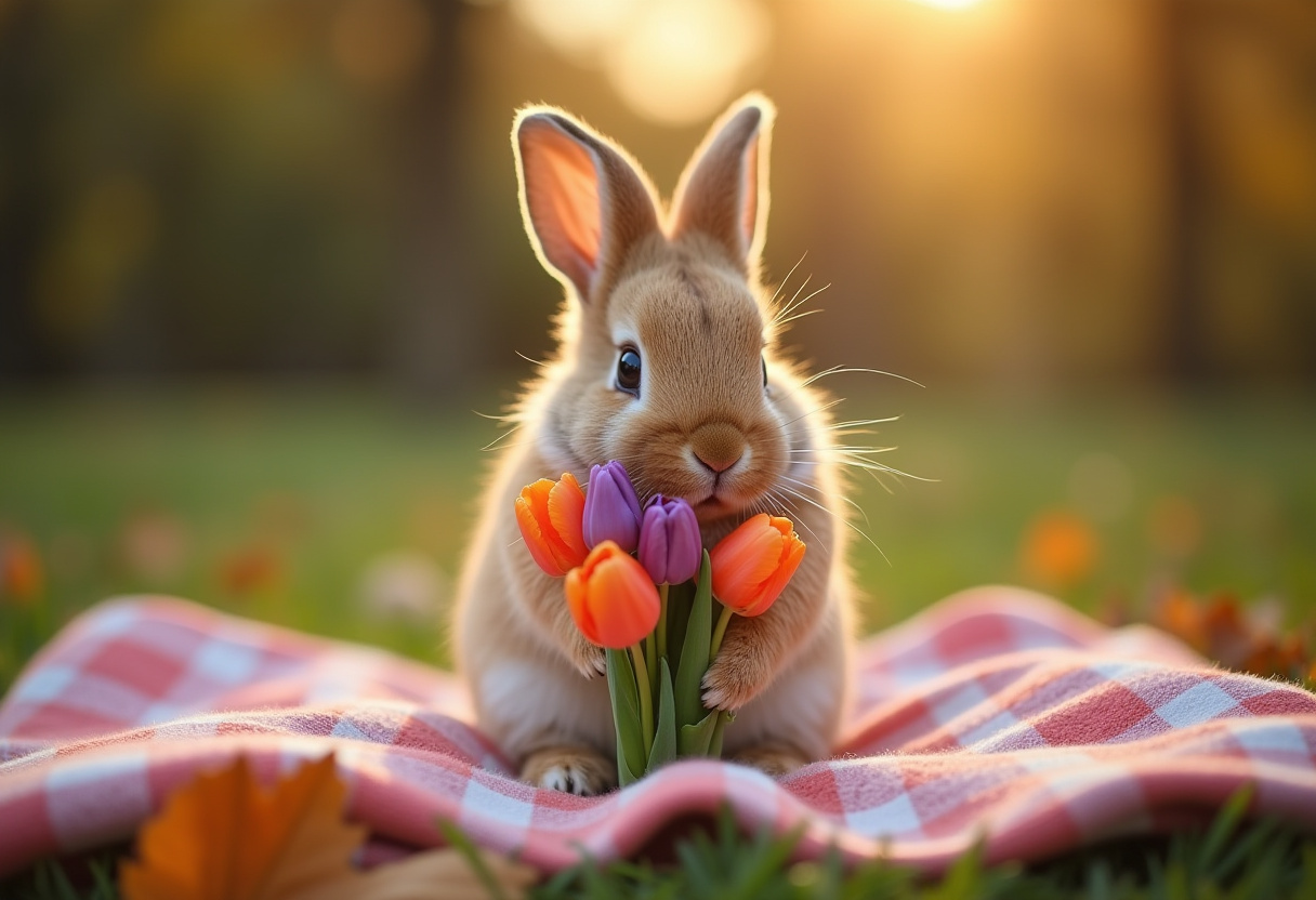 Cute bunny holds flowers in a sunny garden setting Cute bunny holds flowers in a sunny garden setting