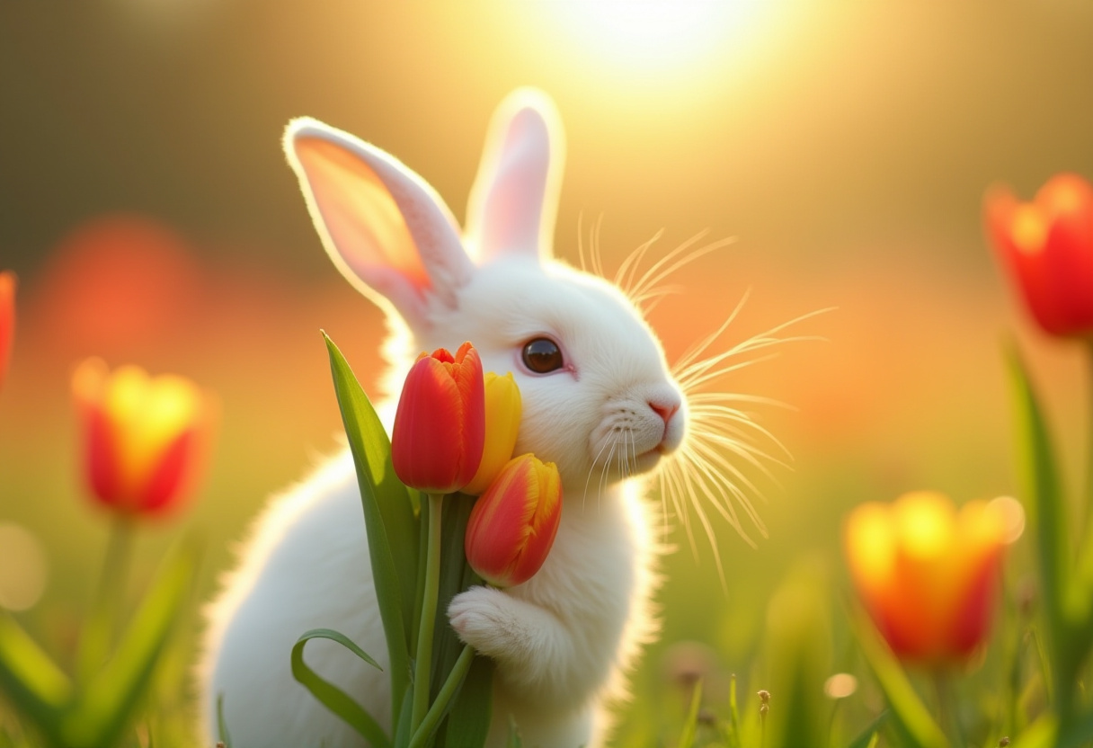 White rabbit surrounded by colorful tulips at sunset