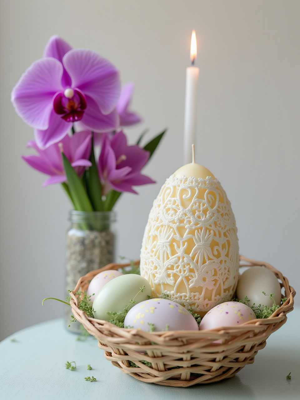 Easter celebration setup with decorative eggs and flowers Easter celebration setup with decorative eggs and flowers