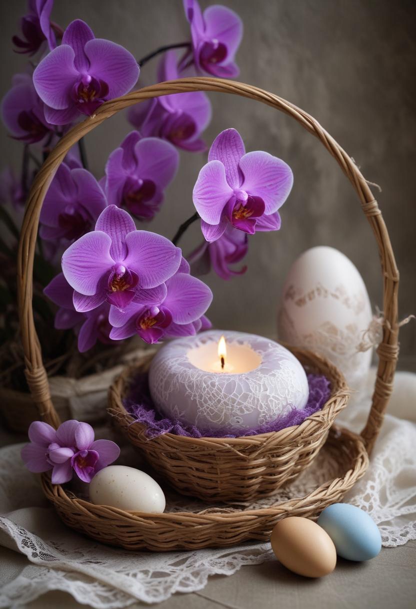 Easter celebration with lavender orchids and decorative eggs Easter celebration with lavender orchids and decorative eggs