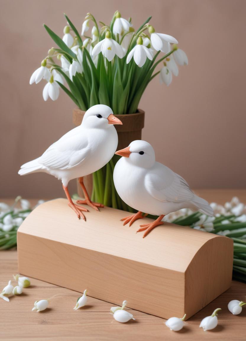 White birds and snowdrop flowers in a serene setting White birds and snowdrop flowers in a serene setting
