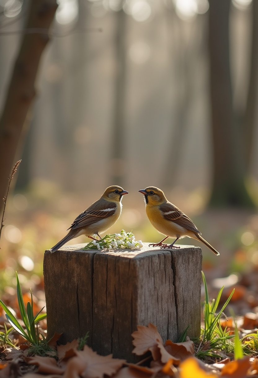 Two birds interact on a wooden stump during golden hour Two birds interact on a wooden stump during golden hour