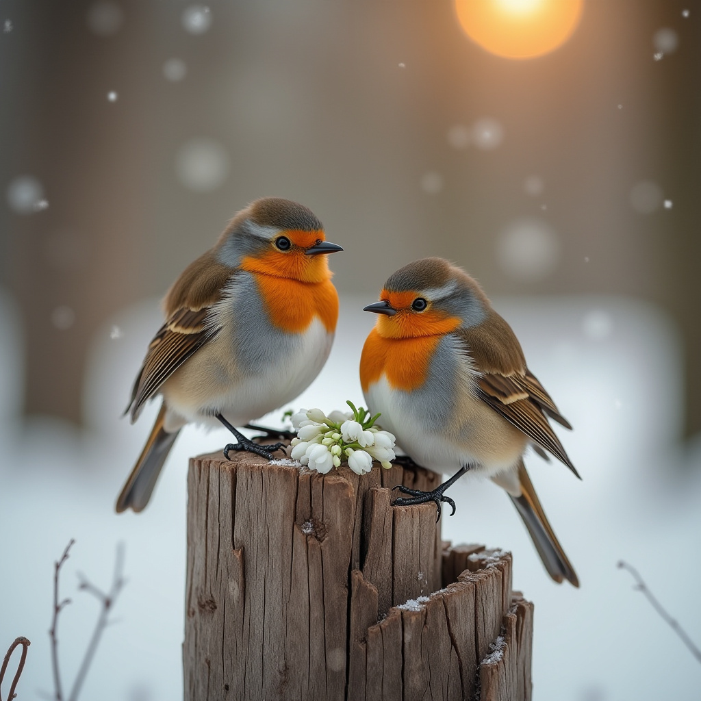 Winter birds perched on a stump at sunset Winter birds perched on a stump at sunset