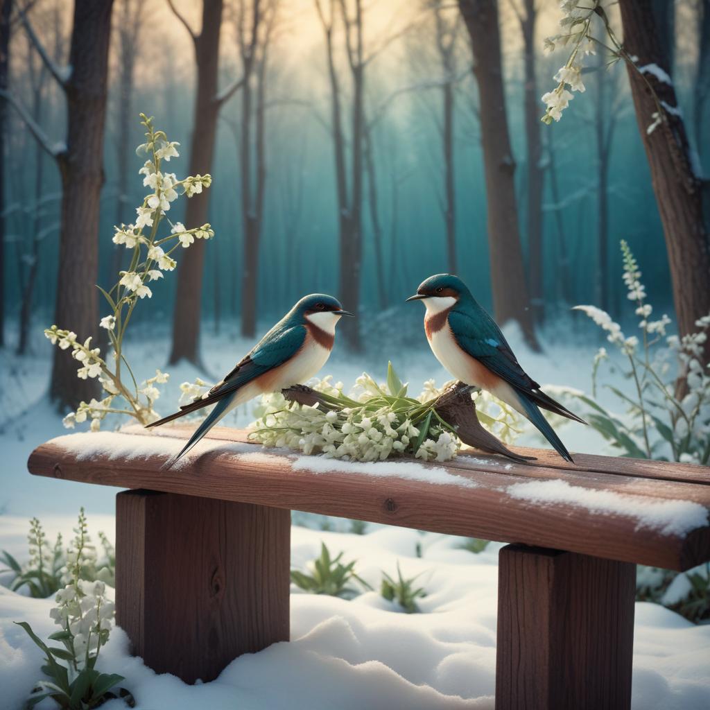 Birds perched on a snowy bench in a tranquil forest Birds perched on a snowy bench in a tranquil forest