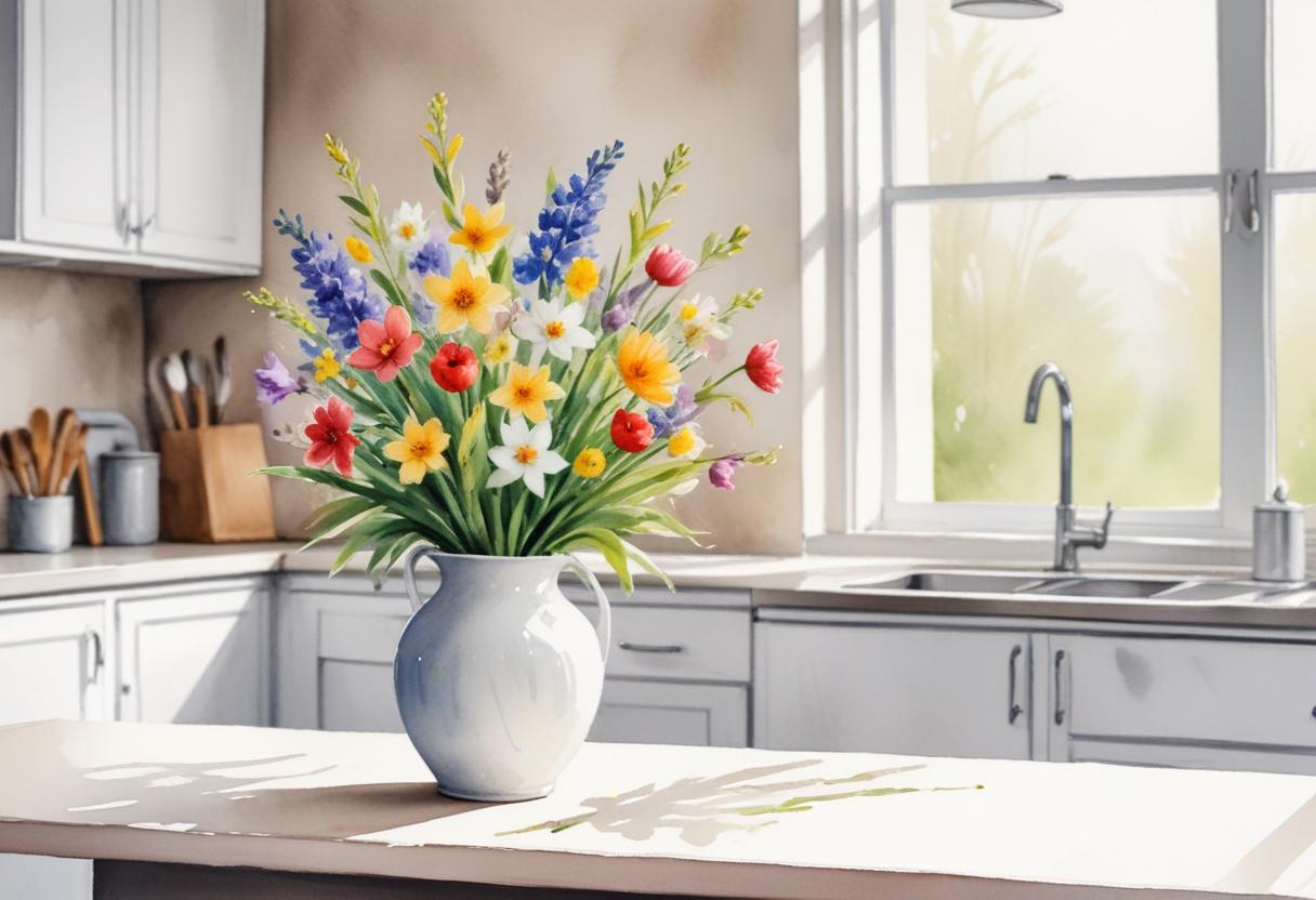 Bright flower arrangement on kitchen counter in sunlight Bright flower arrangement on kitchen counter in sunlight