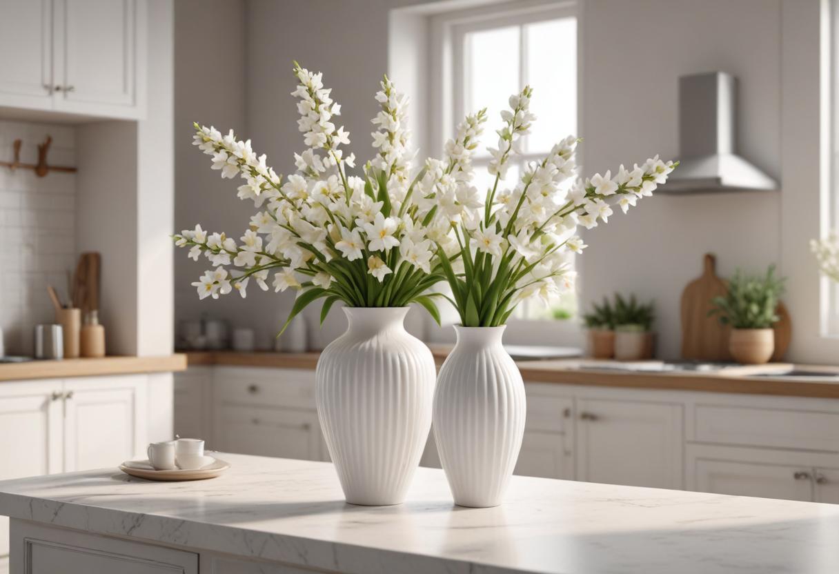 Elegant floral arrangement in a bright kitchen space Elegant floral arrangement in a bright kitchen space