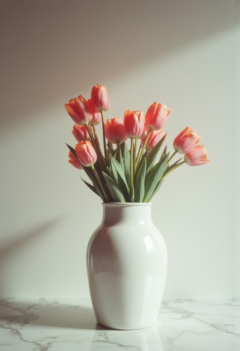 Beautiful tulips in a white vase on a marble table Beautiful tulips in a white vase on a marble table