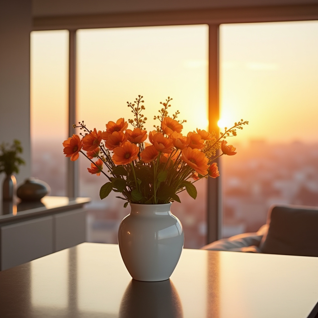 Sunset view with orange flowers in a modern apartment Sunset view with orange flowers in a modern apartment