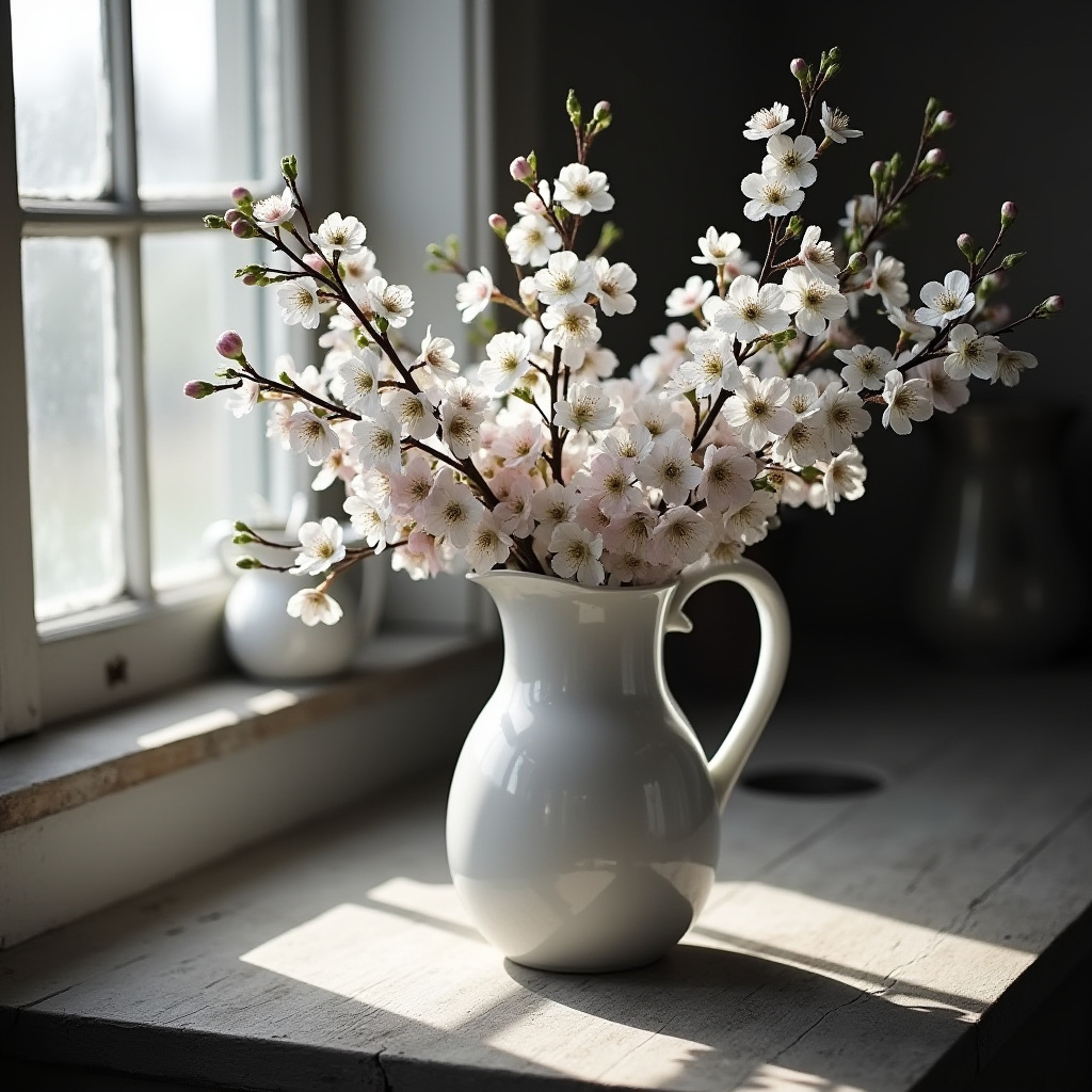 Fresh white blossoms in a ceramic jug by the window Fresh white blossoms in a ceramic jug by the window
