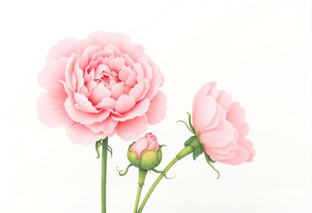 Pink peonies in full bloom with buds alongside Pink peonies in full bloom with buds alongside