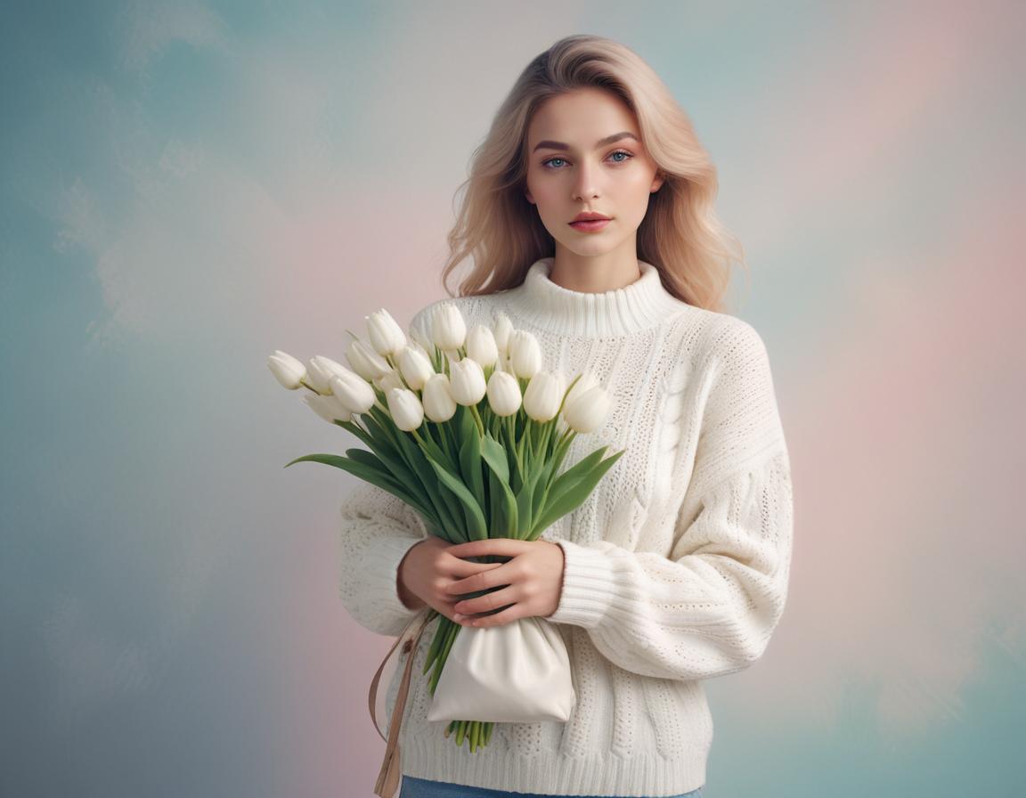Woman in a cozy sweater with white tulips Woman in a cozy sweater with white tulips