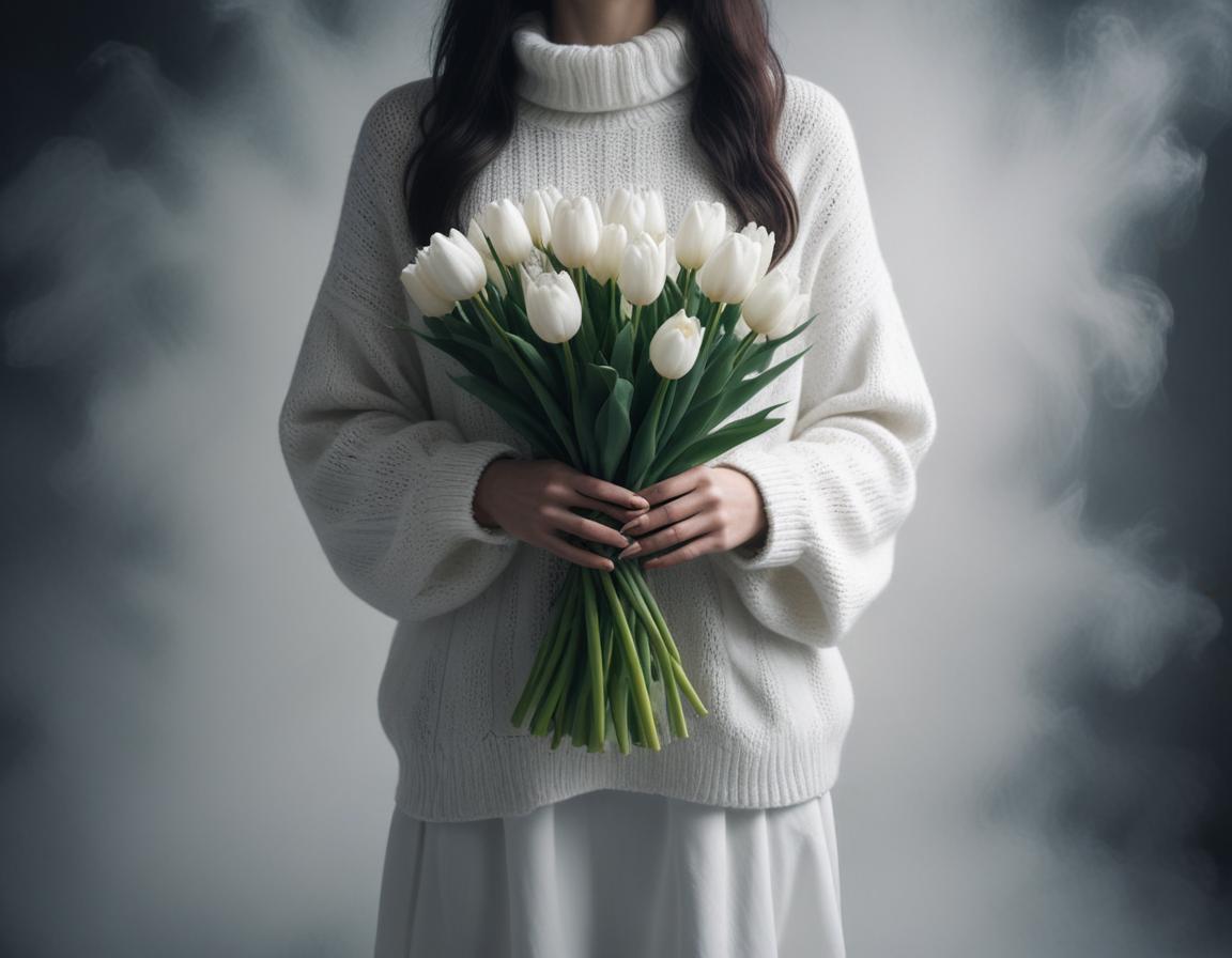Woman holding bouquet of white tulips in soft lighting Woman holding bouquet of white tulips in soft lighting