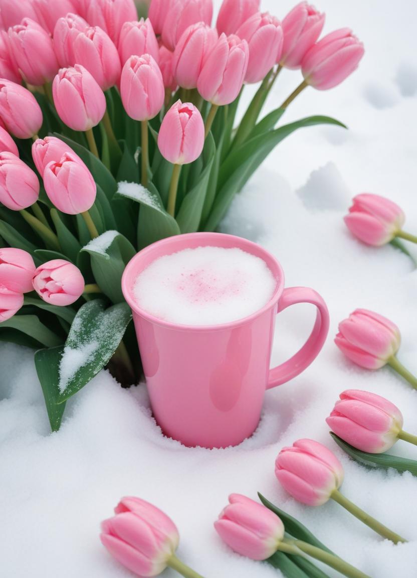 Coffee mug surrounded by pink tulips in winter snow Coffee mug surrounded by pink tulips in winter snow