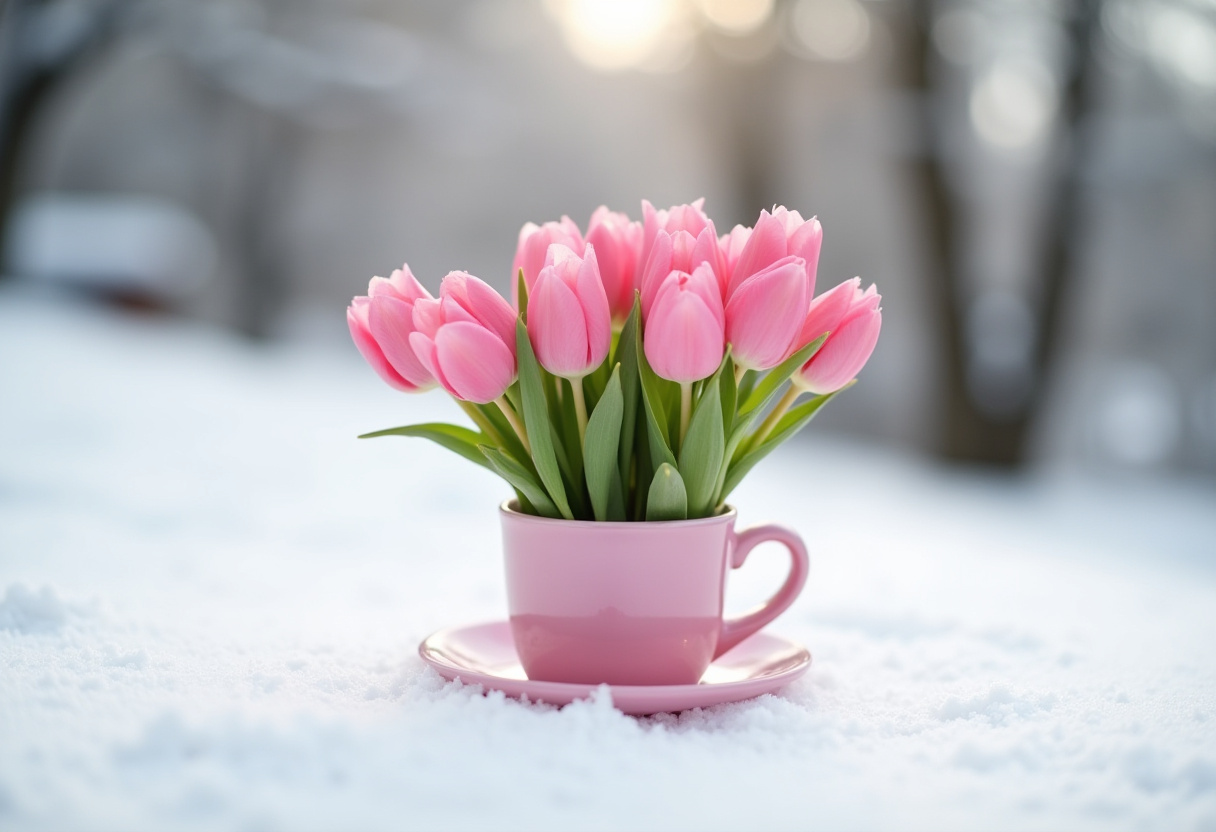 Fresh tulips in a pink cup resting on snow Fresh tulips in a pink cup resting on snow