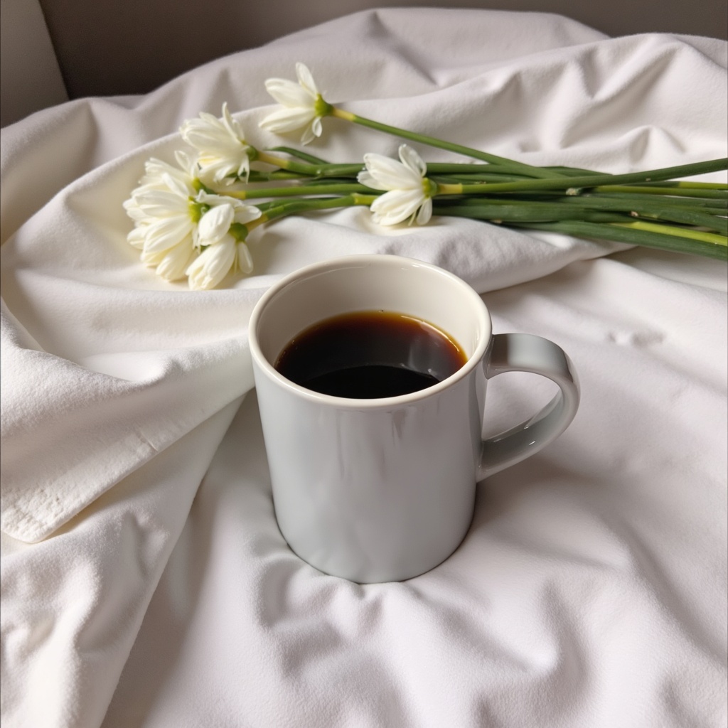 Warm cup of coffee beside fresh white flowers Warm cup of coffee beside fresh white flowers