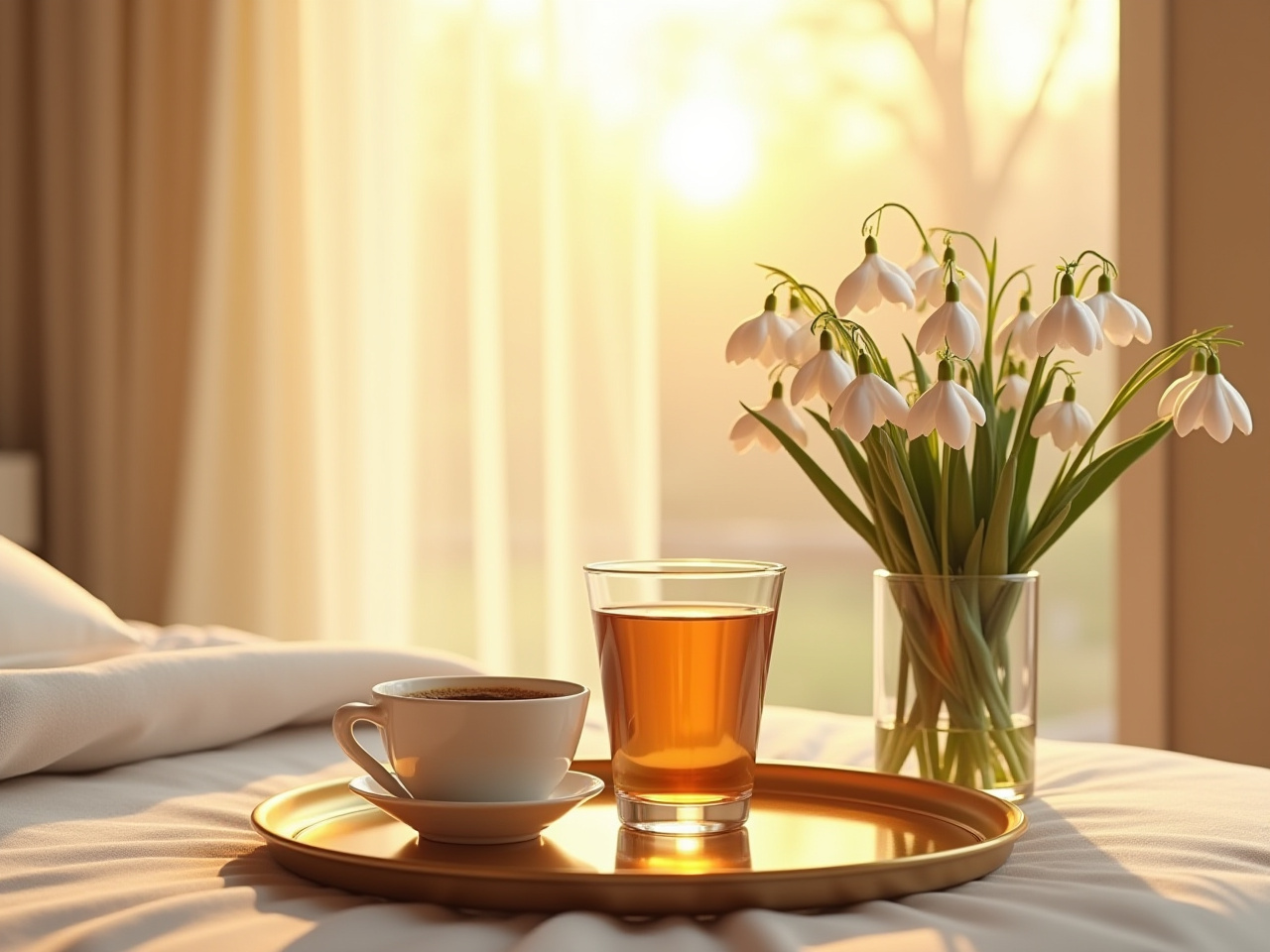 Morning refreshment with tea and flowers in sunlight Morning refreshment with tea and flowers in sunlight