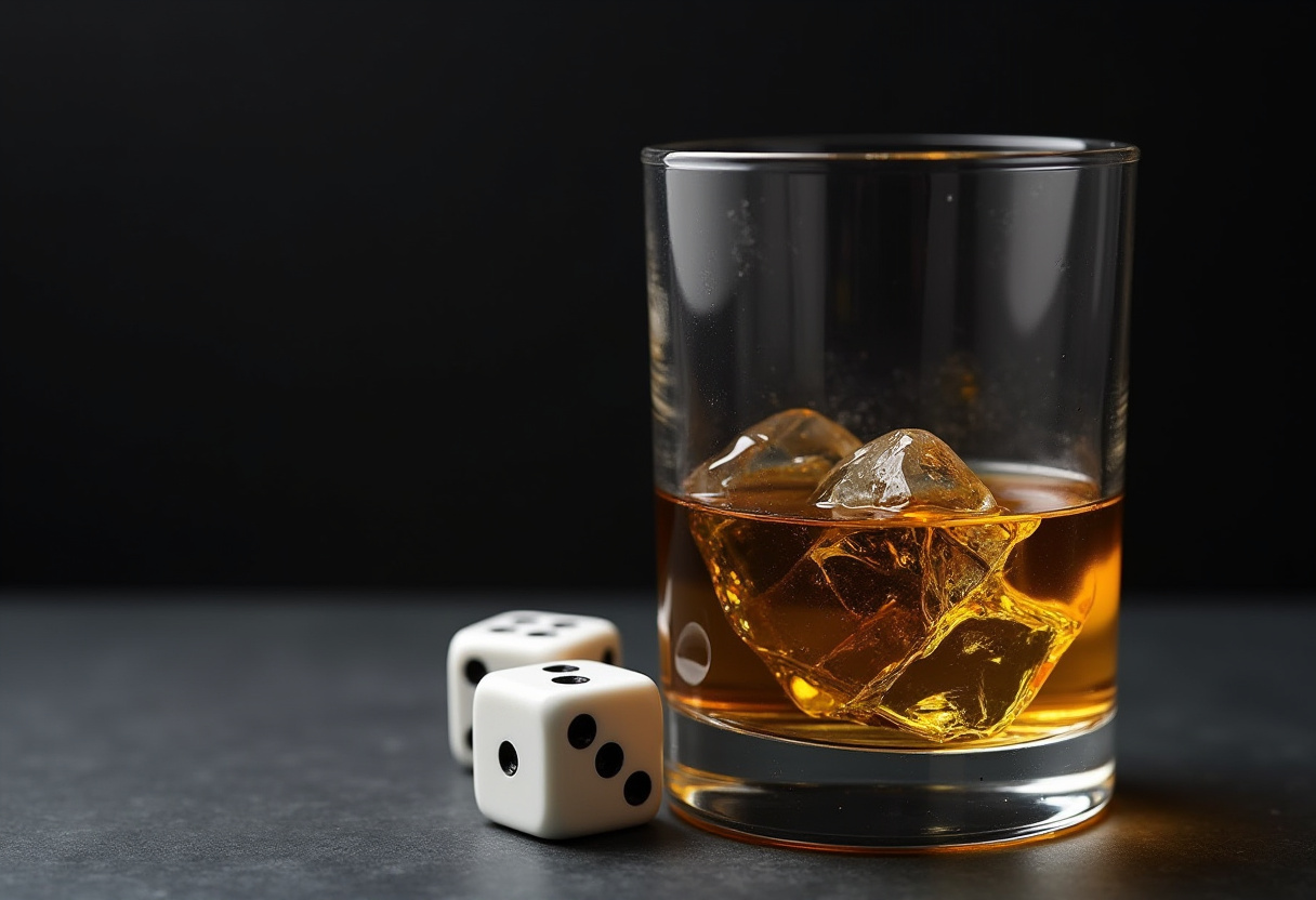 Whiskey and dice on a dark table Whiskey and dice on a dark table
