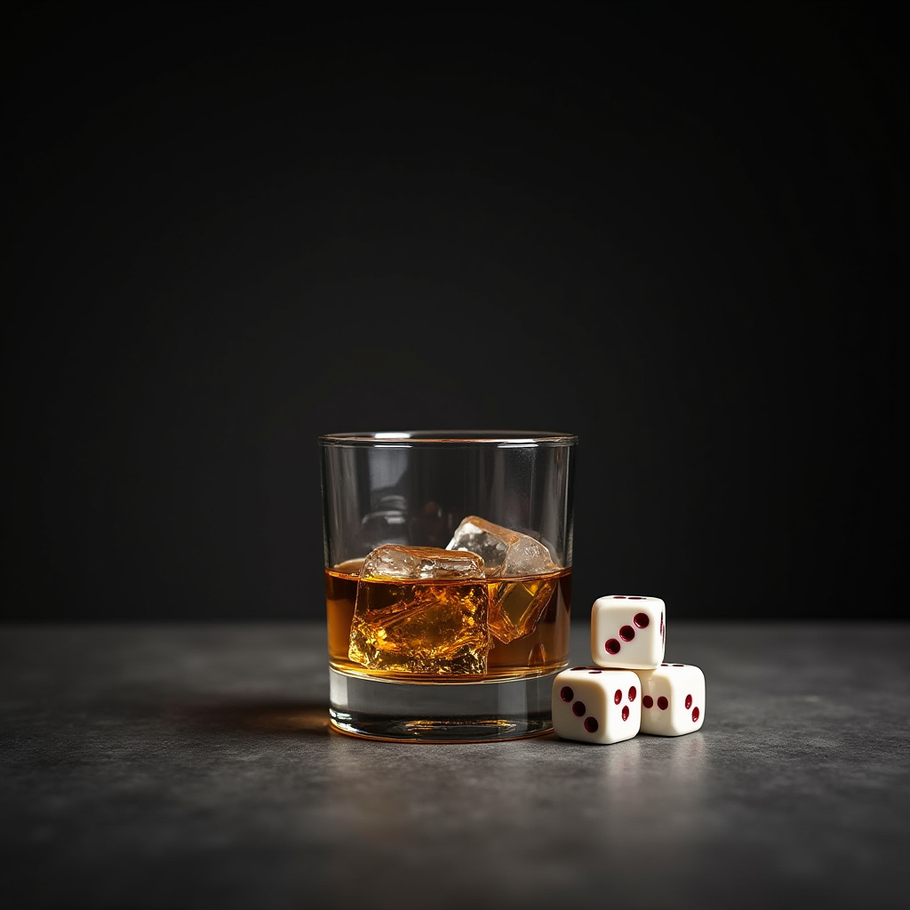Whiskey glass with ice and white dice on dark table Whiskey glass with ice and white dice on dark table