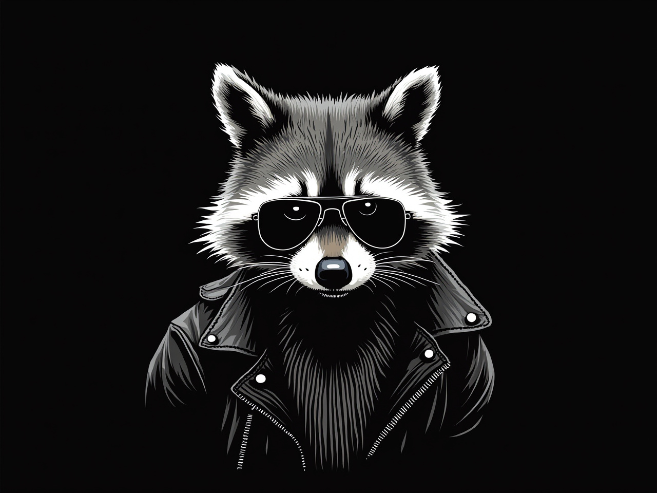 Raccoon in sunglasses wearing leather jacket stands cool Raccoon in sunglasses wearing leather jacket stands cool