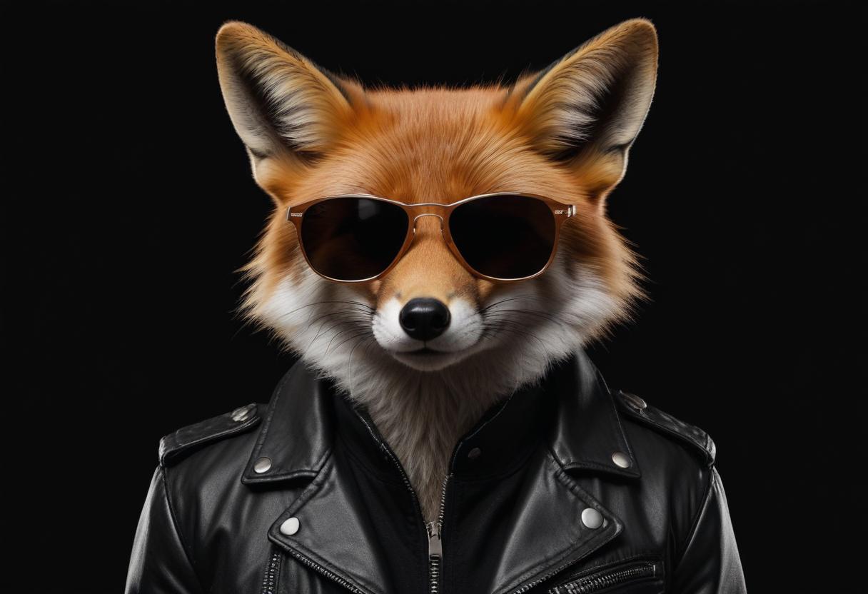 Fox wearing sunglasses and leather jacket poses confidently Fox wearing sunglasses and leather jacket poses confidently