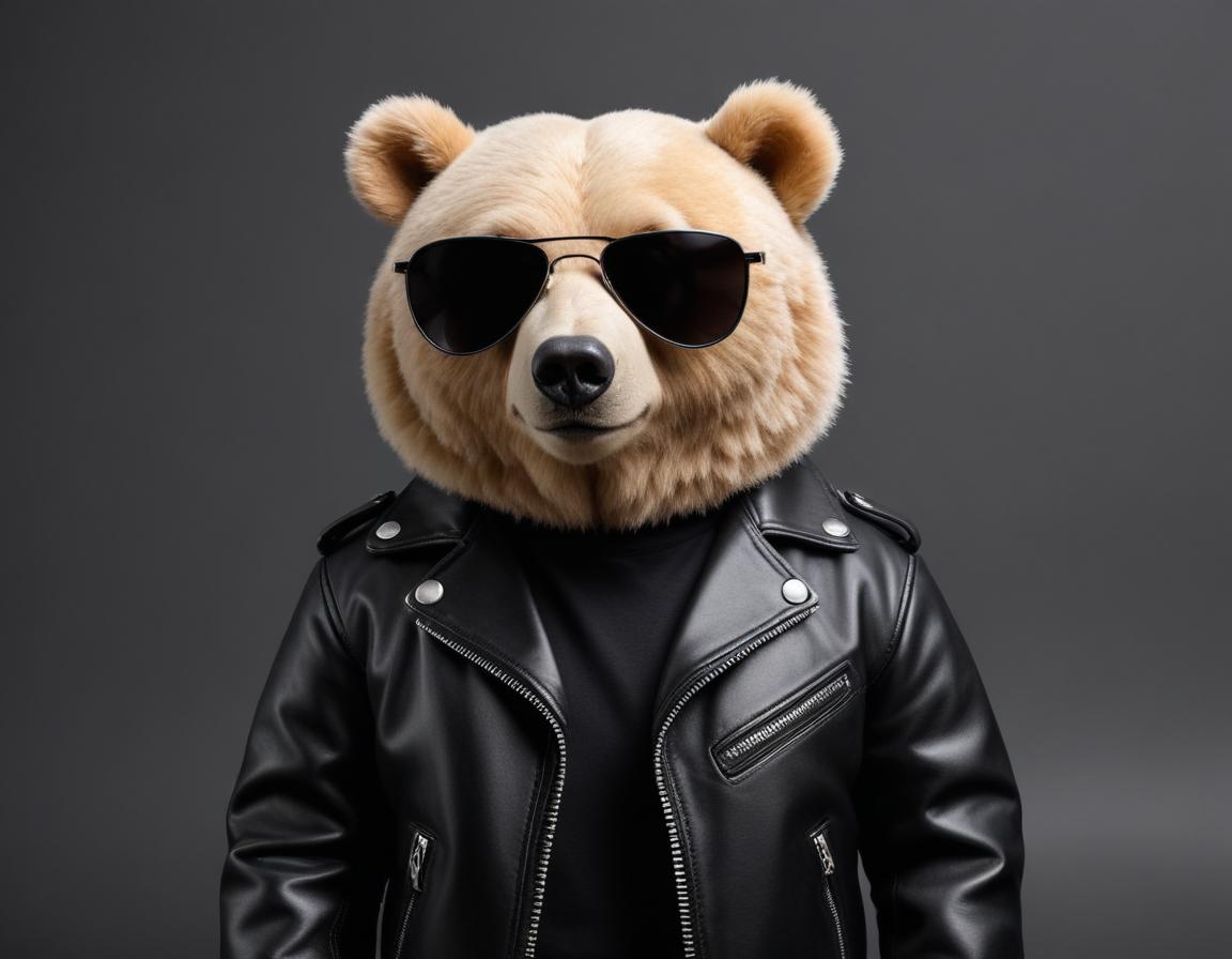 Sunglasses-wearing bear in a leather jacket poses coolly Sunglasses-wearing bear in a leather jacket poses coolly