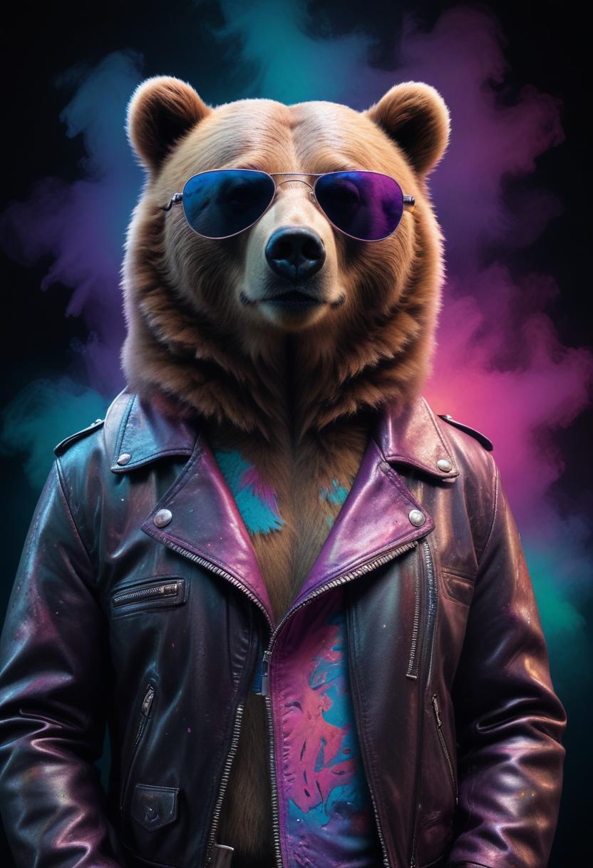 Cool bear in shades and leather jacket, vibrant scene Cool bear in shades and leather jacket, vibrant scene