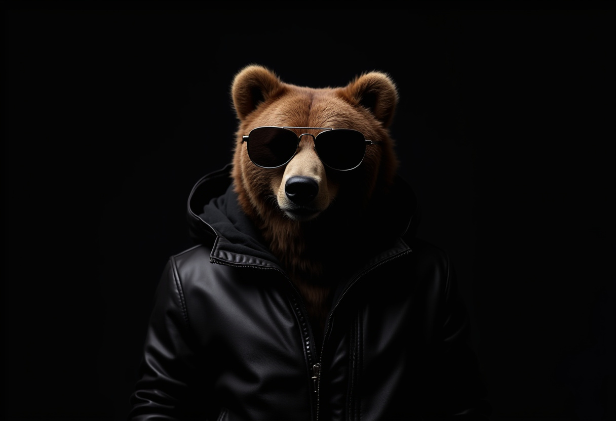 Bear in shades and leather jacket in studio Bear in shades and leather jacket in studio