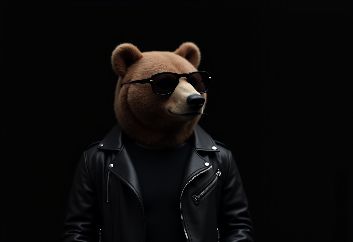 Bear wearing sunglasses and leather jacket in studio setting Bear wearing sunglasses and leather jacket in studio setting