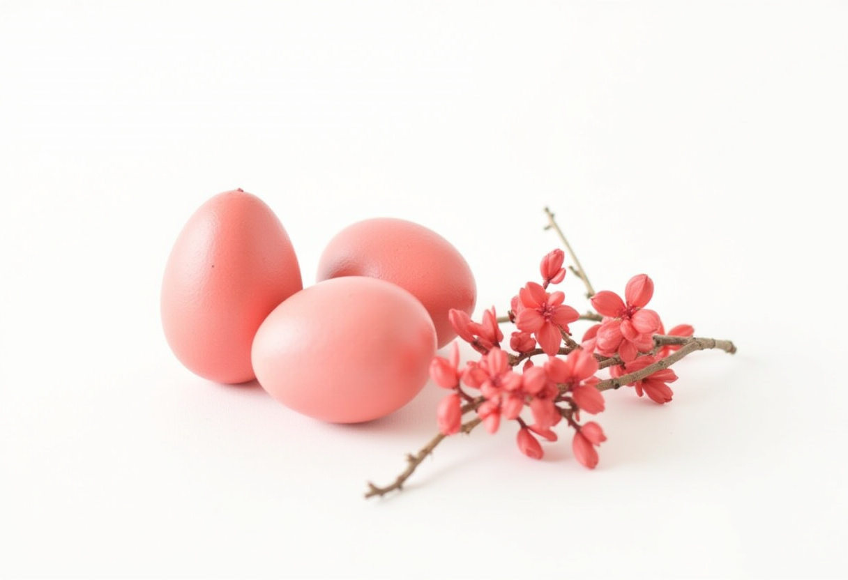 Three pink eggs with blooming branch on white surface Three pink eggs with blooming branch on white surface