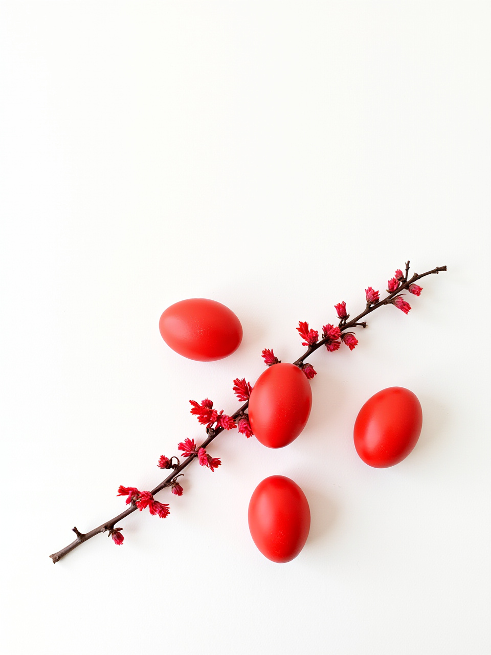 Festive red eggs with blooming branches for celebration Festive red eggs with blooming branches for celebration