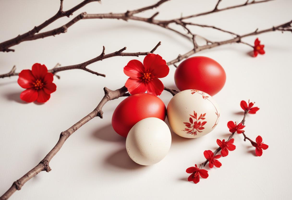 Easter eggs with cherry blossoms on white Easter eggs with cherry blossoms on white