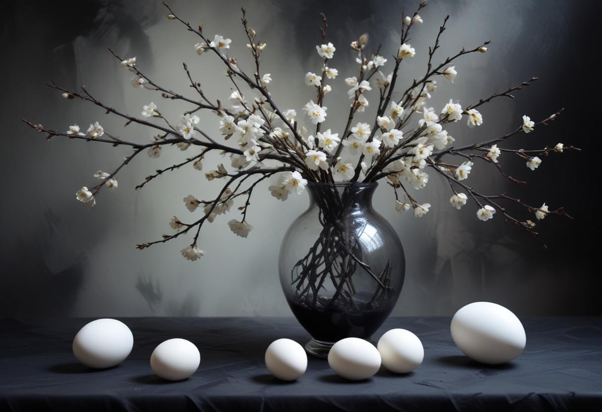 Elegant floral arrangement with decorative eggs on table Elegant floral arrangement with decorative eggs on table