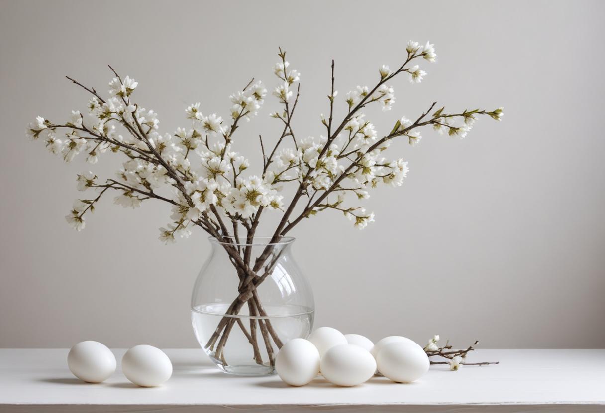 Spring floral arrangement with eggs on a simple table Spring floral arrangement with eggs on a simple table