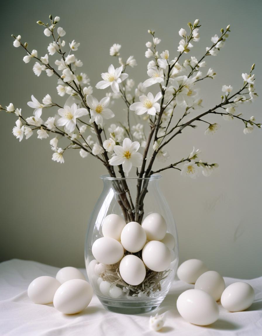 Spring decor with white blossoms and decorated eggs Spring decor with white blossoms and decorated eggs
