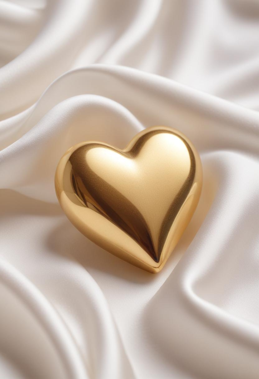 Golden heart resting on smooth white fabric Golden heart resting on smooth white fabric