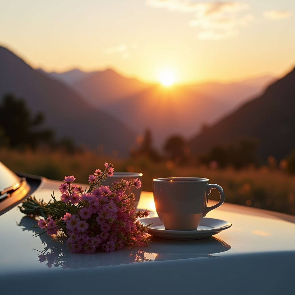Enjoying a sunset view with coffee and flowers on a car Enjoying a sunset view with coffee and flowers on a car